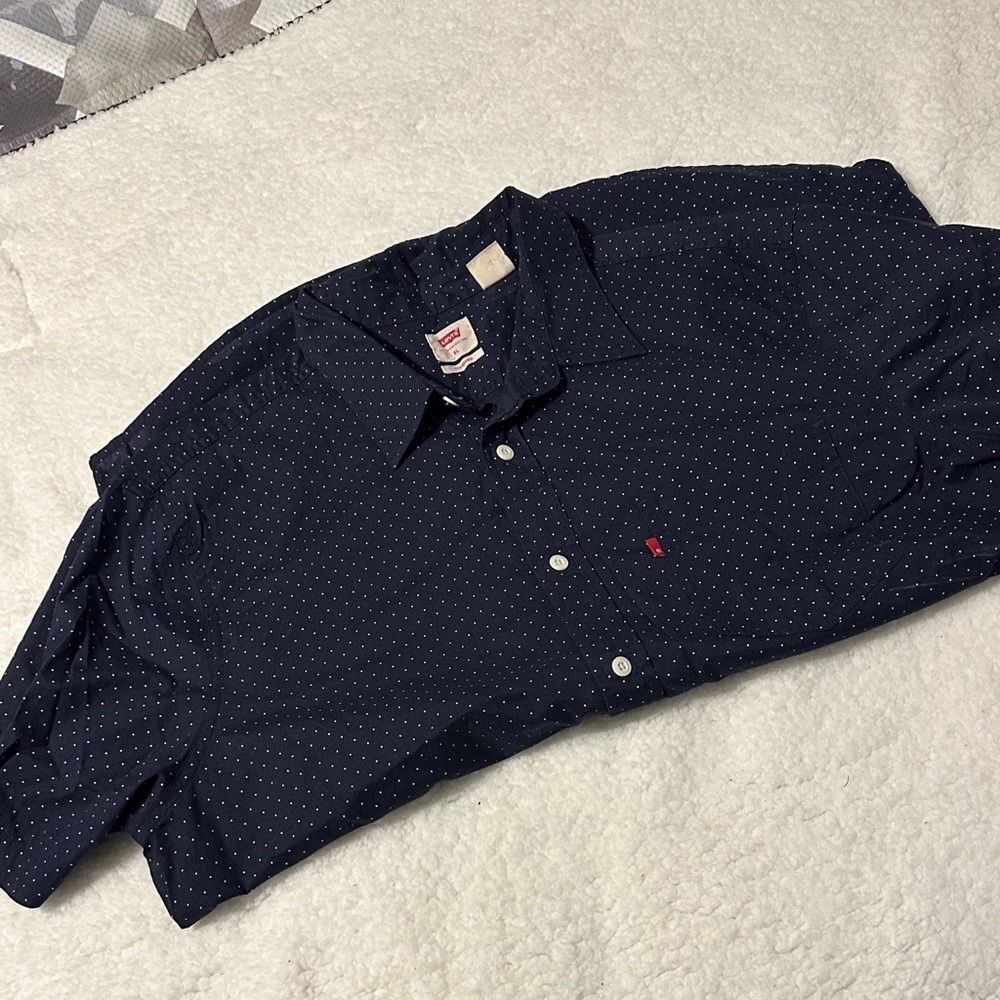Men's Navy Blue Polka Dot Shirt - Picture 3 of 5